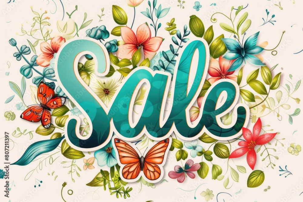 Illustrative and colorful SALE sign with butterflies and flowers, ideal for seasonal promotions