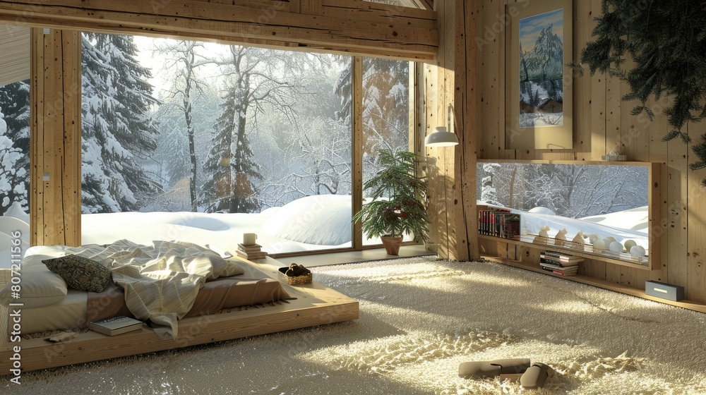 a Scandinavian-inspired bedroom, featuring a wooden bed, wall-mounted mirror, and window, simple furniture against beige walls, y a white carpet, a lush green plant, and soft lighting. a Scandinavian-inspired bedroom, featuring a wooden bed, wall-mounted mirror, and window, simple furniture against beige walls, y a white carpet, a lush green plant, and soft lighting.