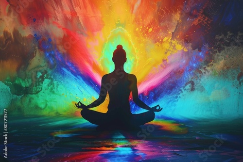 Meditative silhouette against vibrant aura  embodying mindfulness and spiritual awakening