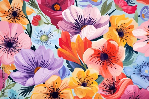 Flattened florals, vibrant summer hues, seamless vector pattern for contemporary textile designs ,  high resolution photo