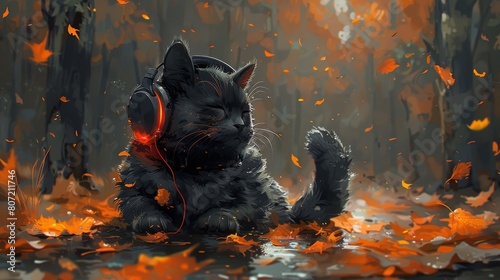 An adorable cat wearing headphones, listening to relaxing music sleepily.  photo