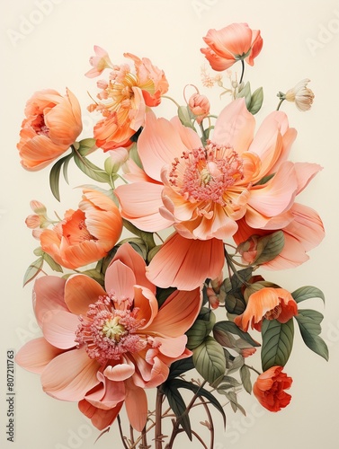 Visually striking botanical print, blending artistic flair with graphic design elements, set against a backdrop of Pantone s Peach Fuzz to celebrate the color trends of the year ,  high resolution photo