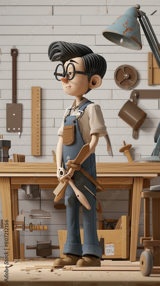 Cartoon digital avatars of a serious and precise furniture designer, measuring and ting wood with precision tools Cartoon digital avatars of a serious and precise furniture designer, measuring and ting wood with precision tools