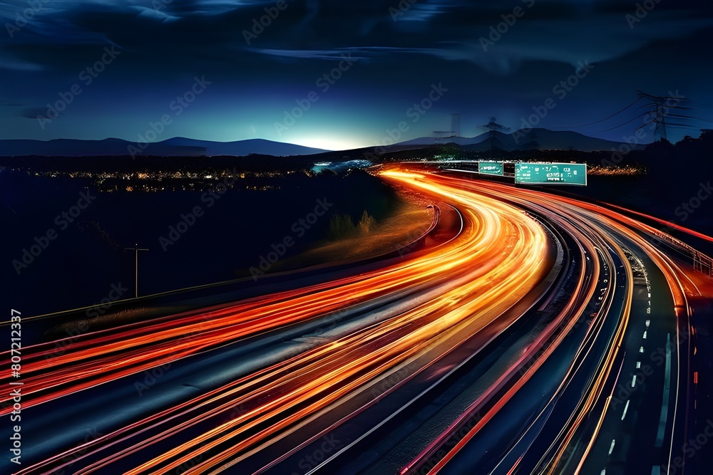 Gorgeous light trails produced by a long exposure photograph taken at night on a mountainous highway with blue skies and motion blur

