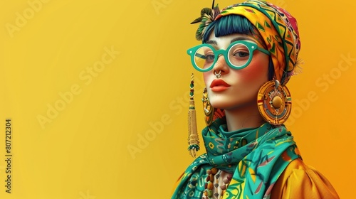Cartoon digital avatars of Vintage Clothing Shop Owner A creative woman in a bohemian outfit, accessorized with oversized glasses and a vintage scarf. photo