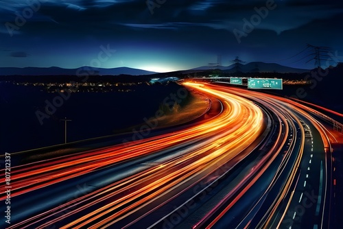 Gorgeous light trails produced by a long exposure photograph taken at night on a mountainous highway with blue skies and motion blur