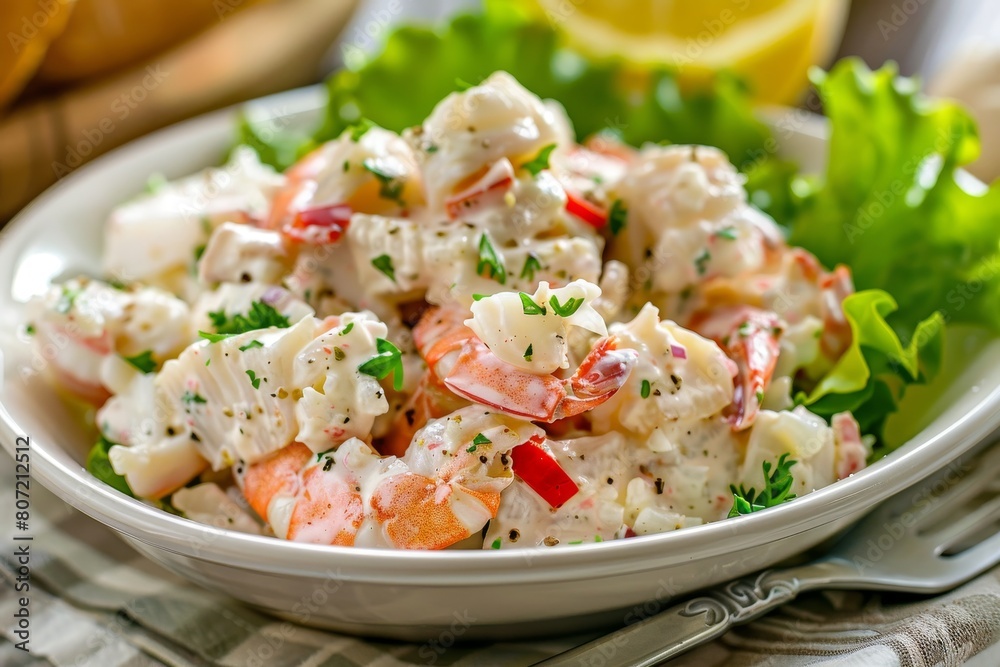 Crab salad served in a white bowl Crab salad served in a white bowl