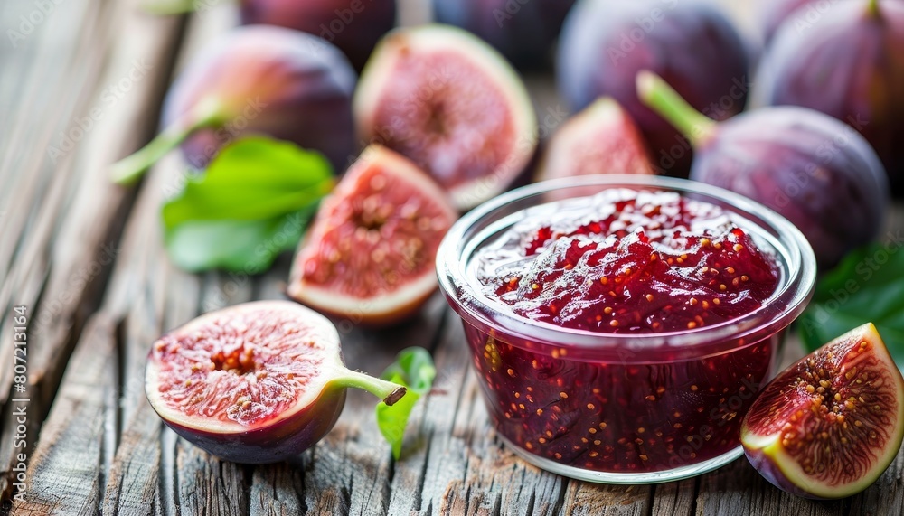 Delicious fig jam arranged on wooden table in a flat lay composition Delicious fig jam arranged on wooden table in a flat lay composition