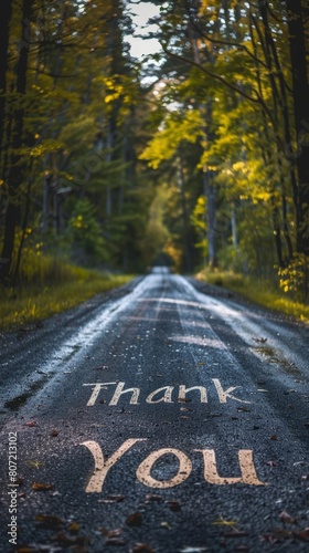 Thank You painted on a forest road with autumn leaves.