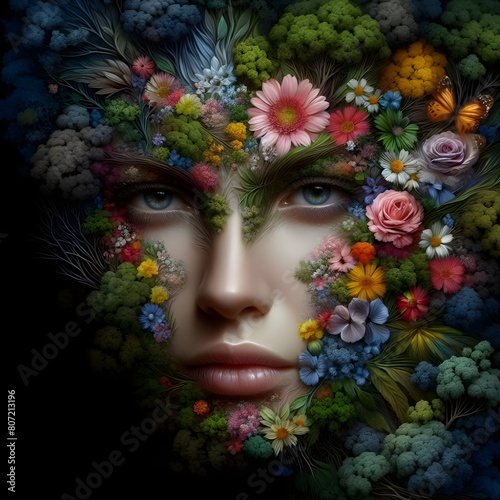 Hyper realistic woman’s face with floral and tree elements against a dark nature background.