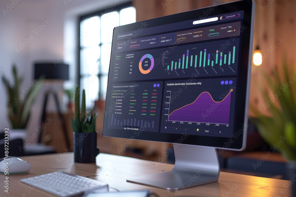 A computer monitor displays a graph with a purple line and a green line A computer monitor displays a graph with a purple line and a green line