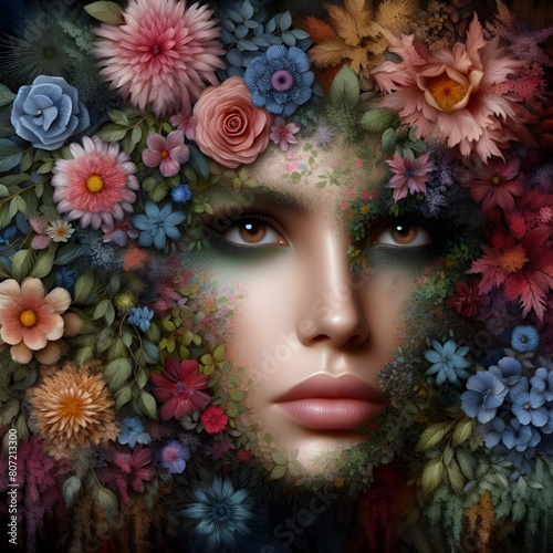 Hyper realistic woman’s face with floral and tree elements against a dark nature background. © WhiteCode