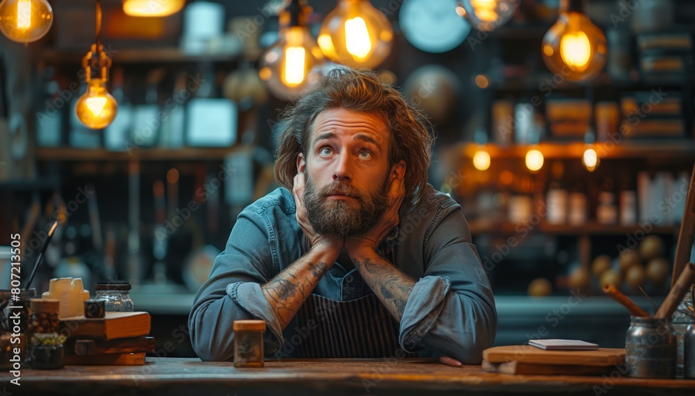 Obraz premium Wistful man leaning on table at cafe