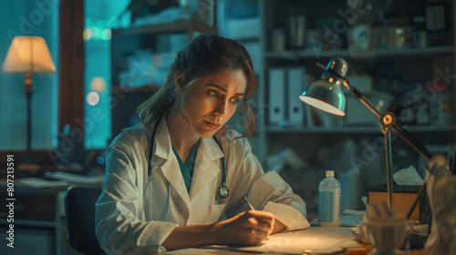 A woman doctor is writing on a piece of paper in a dimly lit room photo