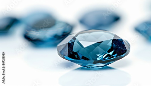 Enhanced London blue topaz gemstone for jewelry making Isolated on white background with a slight reflection Gemology theme