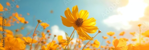 Beautiful yellow wildflowers cosmos against the backdrop of a meadow in the sun, banner © pundapanda