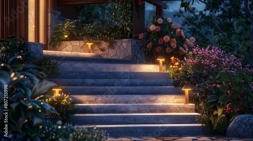 Illuminated Patio Steps at Night hyper realistic 