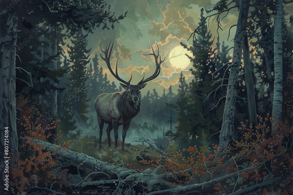 Fototapeta premium Majestic Elk in the Moonlight Forest: An elk stands proud amidst the dense forest, its antlers catching the moonlight as the scene evokes a feeling of wonder.