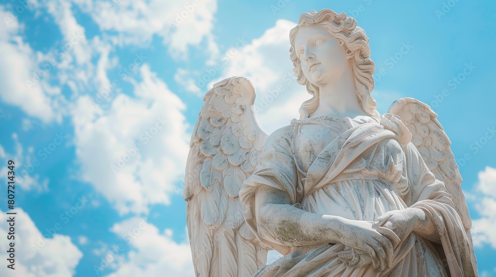 Marble angel statue with spread wings against cloud sky. High-detail sculpture photography.