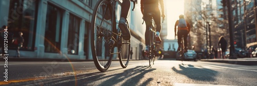 Three cyclists captured from a low angle riding in the city during the golden hour, creating a dynamic urban scene photo