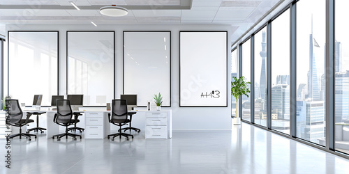  Three vertical frames Mockup hanging on office wall. Mock up of billboards in modern concrete company interior 3D rendering, Blank White Wall  Bright Mockup Concrete Office background   photo