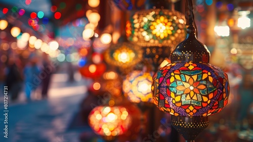 Colorful Turkish lamps hanging in market. Bokeh lights in background creating festive mood. © Andrey