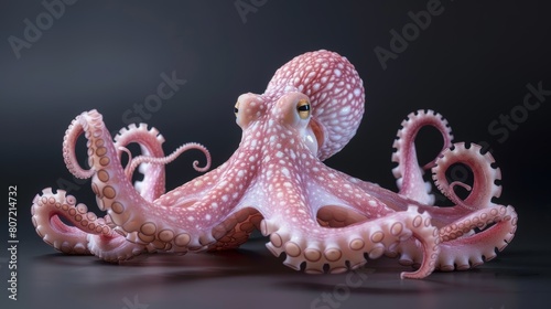 Realistic 3D-rendered pink octopus with detailed texture. Digital art isolated on black background