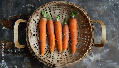Four defective carrots on a bamboo sieve photo
