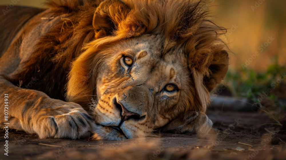 Fototapeta premium A lion is laying down on the ground with its head tilted to the side
