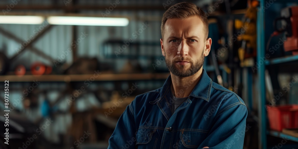 A confident mechanic stands with arms crossed in a well-equipped workshop with tools in the background A confident mechanic stands with arms crossed in a well-equipped workshop with tools in the background