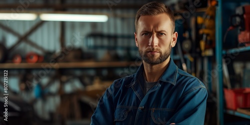 A confident mechanic stands with arms crossed in a well-equipped workshop with tools in the background