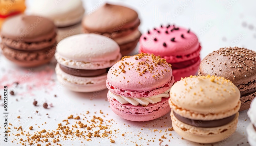French Macarons in various colors on a white background