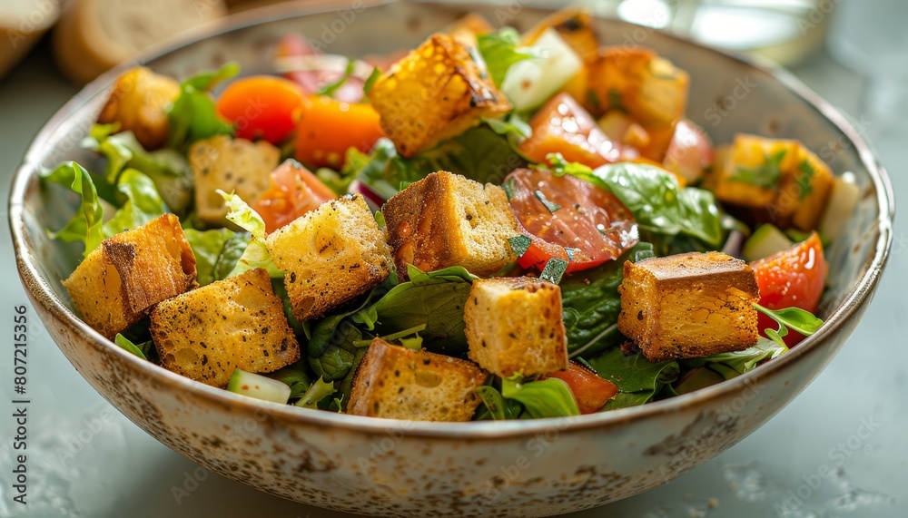 French salad with abundant croutons in a bowl French salad with abundant croutons in a bowl
