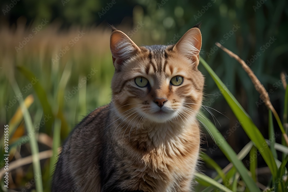 Neighbors have stunning and adorable kittens. photo of a tabby cat taken outside on a sunny day in the backyard

