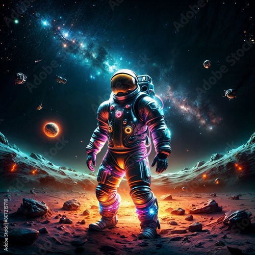 A fictional character in an electric blue space suit stands on the moon