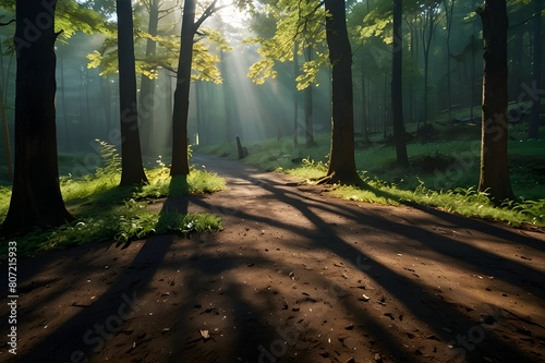 A scene in a forest  with sunshine penetrating through the canopy. A road meanders through a thick pine forest  allowing sunlight to stream through the trees and provide an enthralling display of shad