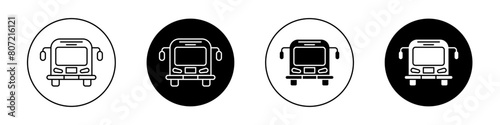 Bus icon set. city public bus front view vector symbol. road trip tour bus sign in black filled and outlined style.