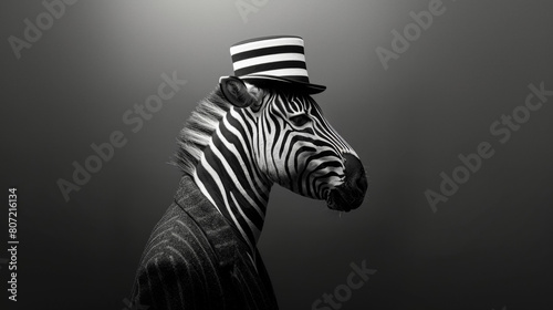Stylish zebra in a monochrome ensemble, sporting a top hat with zebra stripes