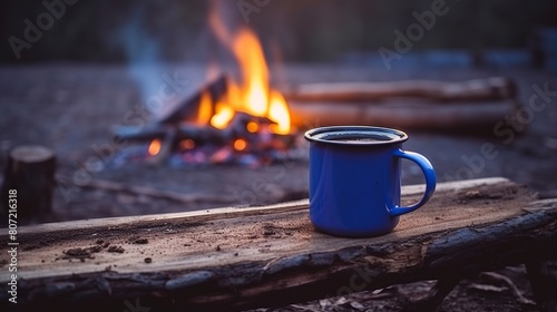 Cup of hot coffee on a campfire in the evening.