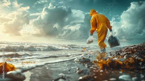 Environmental Volunteer Cleaning Beach at Sunset. Generative ai