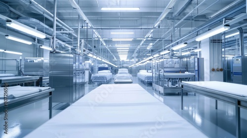 a commercial laundry plant  where mountains of linens undergo the meticulous processes of washing  drying  and ironing  with machinery humming tirelessly in the background.