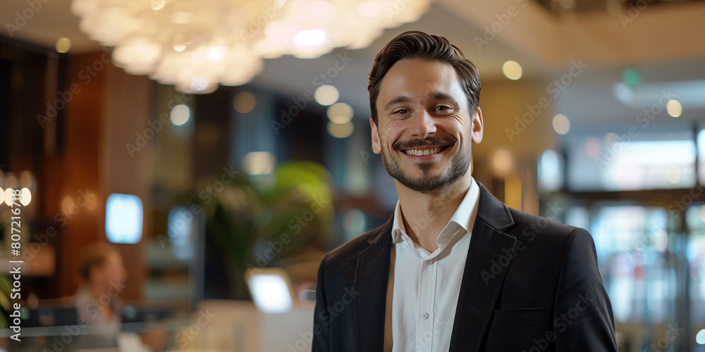 Fototapeta premium Geschäftsmann auf Dienstreise steht in Hotellobby