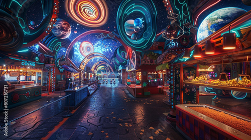 A cosmic carnival where the attractions are gateways to different realms, with rides that spiral through wormholes, 