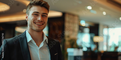 Geschäftsmann auf Dienstreise steht in Hotellobby photo