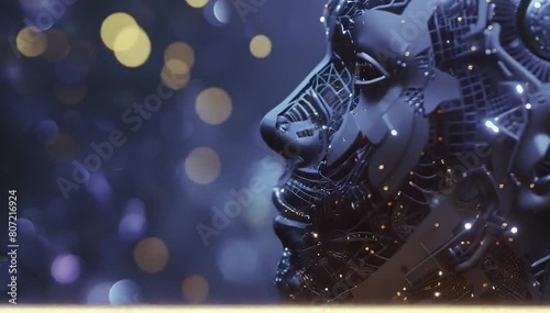 A digital artwork featuring an AI robot head with circuitry and glowing lights