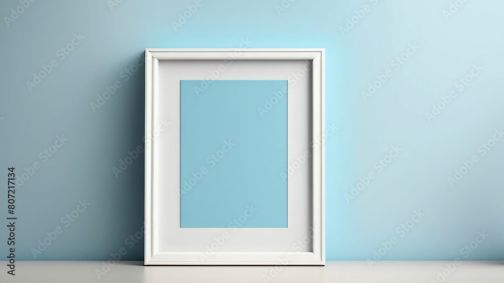 Minimalist white frame mockup hanging on a solid blue wall. Layout for the poster. Spaces for text Minimalist white frame mockup hanging on a solid blue wall. Layout for the poster. Spaces for text