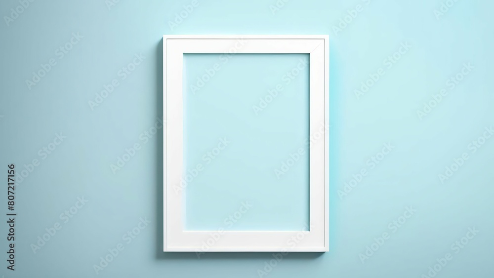 Minimalist white frame mockup hanging on a solid blue wall. Layout for the poster. Spaces for text Minimalist white frame mockup hanging on a solid blue wall. Layout for the poster. Spaces for text