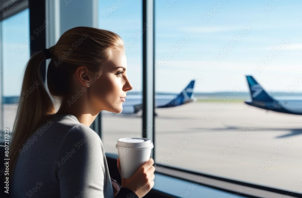 A young girl with coffee looks out the window at the airport at the runway with planes