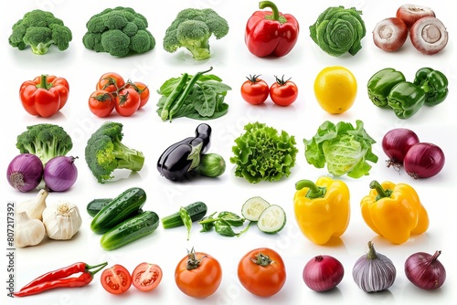 Fresh vegetables arranged on white background with clipping path