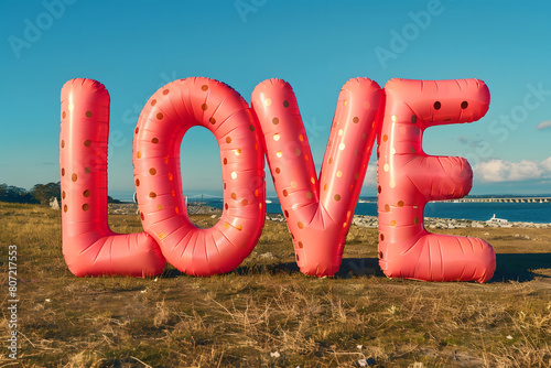 Joyful presentation of 'love' in inflatable colored letters, conveying affection and felicitations photo